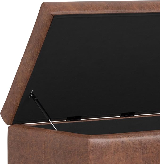 SIMPLIHOME Gabbie 48 inch Wide Contemporary Rectangle Rectangular Storage Ottoman in Distressed Saddle Brown Vegan Faux Leather, Assembled, for The Living Room, Entryway and Family Room