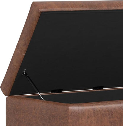 SIMPLIHOME Gabbie 48 inch Wide Contemporary Rectangle Rectangular Storage Ottoman in Distressed Saddle Brown Vegan Faux Leather, Assembled, for The Living Room, Entryway and Family Room