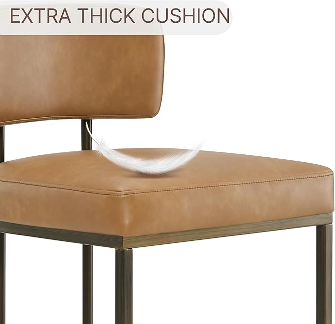 26" H Counter Height Bar Stools Set of 3, Modern Faux Leather Upholstered Barstools with Backrest for Kitchen Island, Gold Metal Frames, Brown