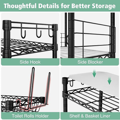 PrimeZone Over The Toilet Storage Shelf - 4 Tier Adjustable Metal Bathroom Wire Shelves Organizer with 2 Hooks, Freestanding Above Toilet Storage Rack for Bathroom Laundry, Black