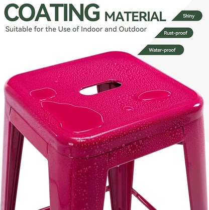 Vogue Furniture Direct 24 Inch Metal Bar Stools, Backless Counter Height Barstools, Indoor Outdoor Stackable Stools with Square Seat, Set of 2 (Hot Pink)