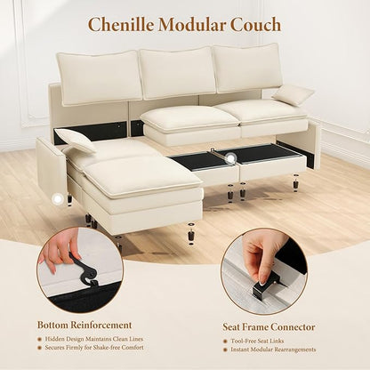 Vesgantti Large Modular Sectional Sofa, Big Comfy Cloud Couch with Ottoman Deep Seat Chenille Cloud Sofa, 9 Seater Large Sectional Couches for Living Room, Bedroom and Apartment, Beige