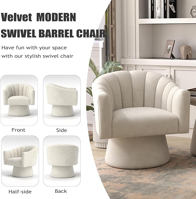 Swivel Accent Chair Set of 2, Upholstered Velvet 360° Swivel Barrel Chair for Living Room Overstuffed Bouncle Reading Chair Round Armchair for Bedroom,Vanity,Office (Beige)