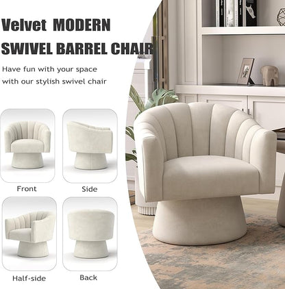 Swivel Accent Chair Set of 2, Upholstered Velvet 360° Swivel Barrel Chair for Living Room Overstuffed Bouncle Reading Chair Round Armchair for Bedroom,Vanity,Office (Beige)
