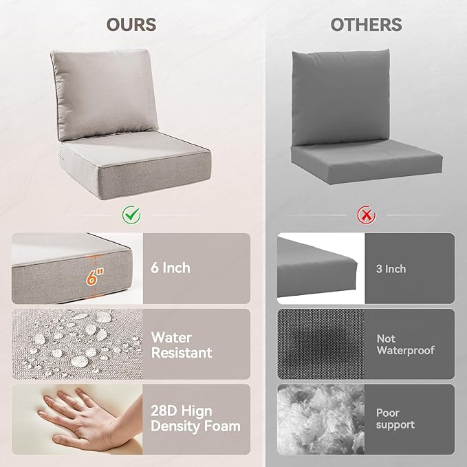 Luxury 6" Outdoor Cushions for Patio Furniture, 24x24x6" Thick Seat Cushion Set of 7, Fade Resistant Couch Chair Replacement Cushions High Density Deep Wicker Chair Cushion w/ Removable Cover, Beige