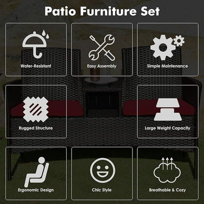 COSTWAY 2-Seat Patio Conversation Sets, Outdoor Patio Loveseat Set with Removable Cushions & Built-in Coffee Table for Backyard, Garden, Lawn, Balcony, Brown+Red