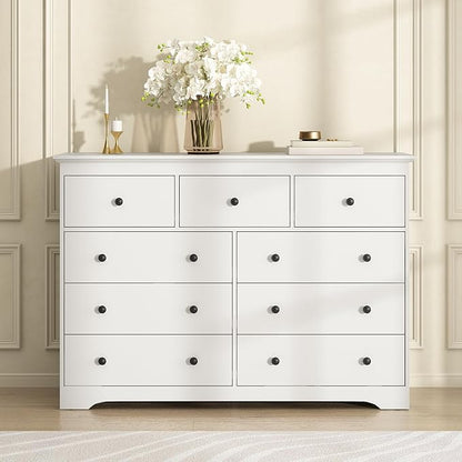 55 Inch Wide White Dresser for Bedroom, 9 Drawer Dresser with Large Drawers, Wood Chest for Living Room, Hallway