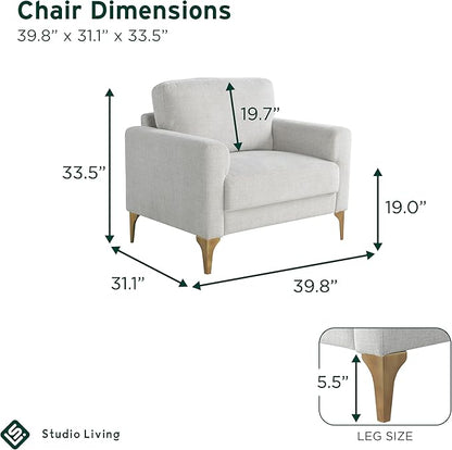 Studio Living® Matthew 39.8" Arm Chair, Mid-Century Modern, Pocket Coil Comfort, Metal Brushed Bronze Legs, Chenille Fabric, Ivory