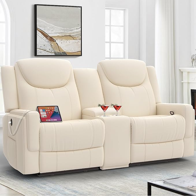 Loveseat Recliner Sofa, Beige PU Leather Double Recliner Loveseat with Console, Cup Holders, Storage & USB Ports, Ergonomics，Manual Reclining Sofa Couch for Living Room, RV