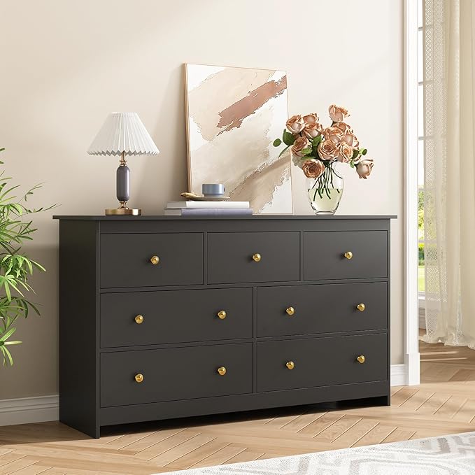 Black Dresser for Bedroom, 7 Drawer Dresser with Metal Handles, 55 Inch Wide Wood Chest for Living Room, Hallway