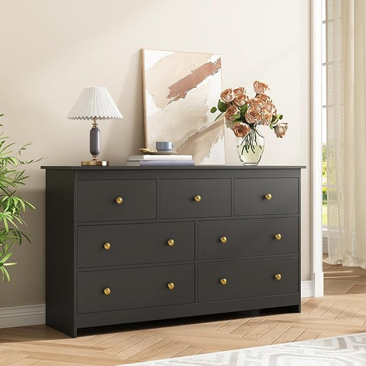 Black Dresser for Bedroom, 7 Drawer Dresser with Metal Handles, 55 Inch Wide Wood Chest for Living Room, Hallway