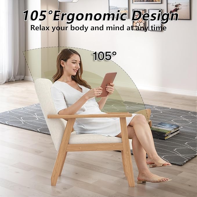 Modern Accent Chair with Wooden Table, Upholstered Linen Fabric Leisure Side Chair with Arm Rest and Wooden Frame for Living Room Bedroom Reading (Beige)