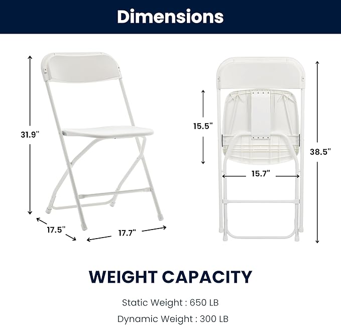 BTEXPERT® Set of 2 Pack, White Plastic Folding Chair Steel Frame Commercial High Capacity Event Chair Lightweight Set for Office Wedding Party Picnic Kitchen Dining Church School