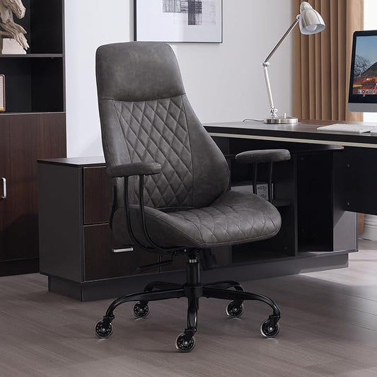 Home Office Desk Chair, Ergonomic High Back Leather Computer Chair with Lumbar Support, Adjustable Height & Recline, Swivel Executive Office Chair with Armrests and Rubber Casters, Dark Grey