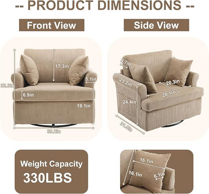 Karl home 39" Swivel Accent Chair,Oversized Seat Armchair W/2 Pillows and 4 Pockets,Modern Upholstered Corduroy Barrel Chairs,Comfy Single Sofa for Living Room,Reading,Bedroom and Office-Khaki