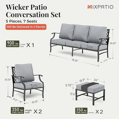 Patio Furniture Set 5 pcs, Outdoor Patio Furniture, 3-Seat Sofa, 2 Single Chairs, 2 Ottomans and 5.75" Extra Thick Cushion, Patio Conversation Set for Garden Backyard Deck,Grey