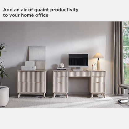 T4TREAM Fluted Executive Desk with Drawers, 60" Modern Home Office Computer Desk with Charging Station, File Cabinet, Keyboard Tray and Storage Cabinet for Study, Living Room, Bedroom, Alder White