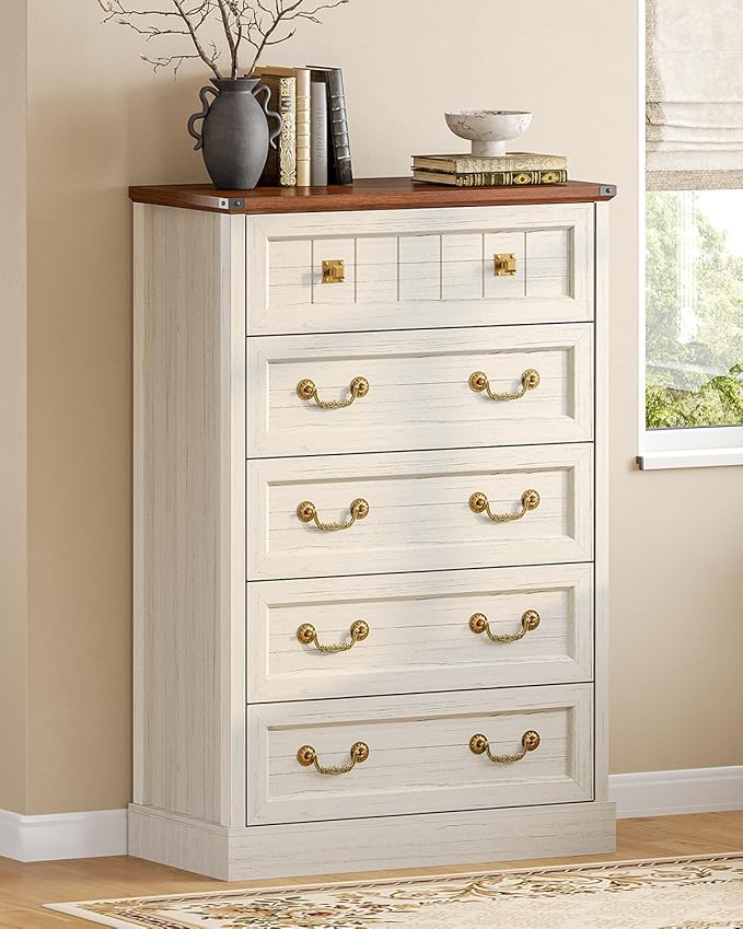 AOGLLATI Farmhouse 5 Drawers Dresser for Bedroom, 48” Tall Wood Rustic Chest of Drawers with Natural Texture, Vintage Design, Black Storage Dresser for Bedroom,Antique White