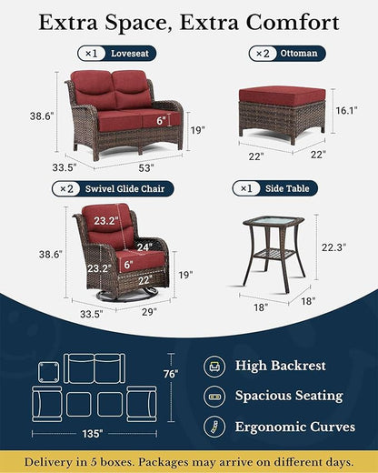HILLGA Luxury Patio Furniture Set with 6-inch Thick Cushion, Outdoor Loveseat and High Back Swivel Rocker Patio Chairs, 6PCS Wicker Conversation Set for Deck Yard and Poolside, Burgundy (V2)