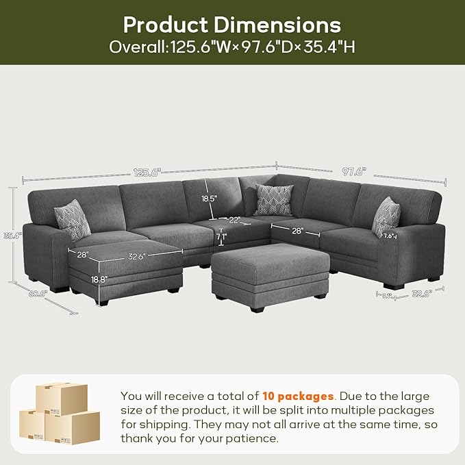 Wanderwell Oversized Modular Sectional Sofa, 8-Seater U Shaped Couches with Movable Ottoman,Corduroy Sectional Couch with Wide and Deep Seats Suitable for Living Room,Bedroom,Apartment (Grey, U-8)
