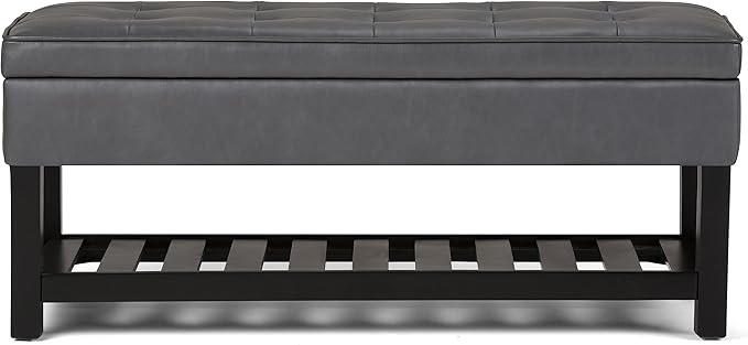 SIMPLIHOME Cosmopolitan 44 inch Wide Transitional Rectangle Storage Ottoman Bench with Open Bottom in Stone Grey Vegan Faux Leather, Assembled for the Living Room and Bedroom
