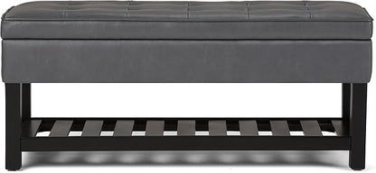 SIMPLIHOME Cosmopolitan 44 inch Wide Transitional Rectangle Storage Ottoman Bench with Open Bottom in Stone Grey Vegan Faux Leather, Assembled for the Living Room and Bedroom