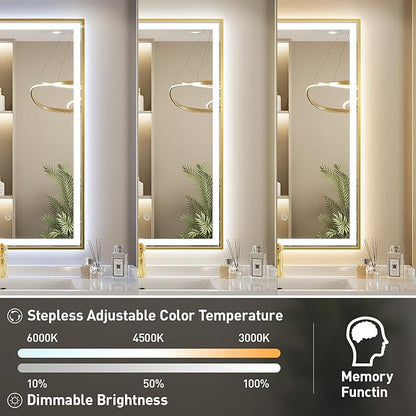 55X36 Inch Led Bathroom Mirror,Frontlit and Backlit Lighted Mirror,Gold Metal Frame Vanity Mirror for Wall,Double Lights Strips,Anti Fog Stepless 3 Colors Temperature & Dimmable
