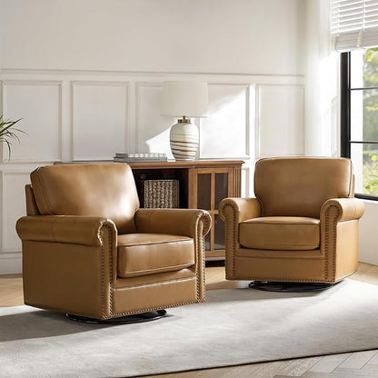 HULALA HOME Swivel Accent Chair Genuine Leather Barrel Rocker Chair with Metal Base Transitional Armchair Padded Round Armrest Set of 2, Camel