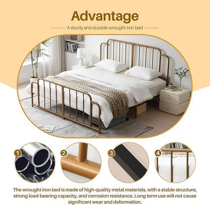 PINJU Metal Platform Bed Frame with Headboard and Footboard, Classic Style, Sturdy Metal Slats, No Box Spring Needed, Easy Installation (Gold, King)