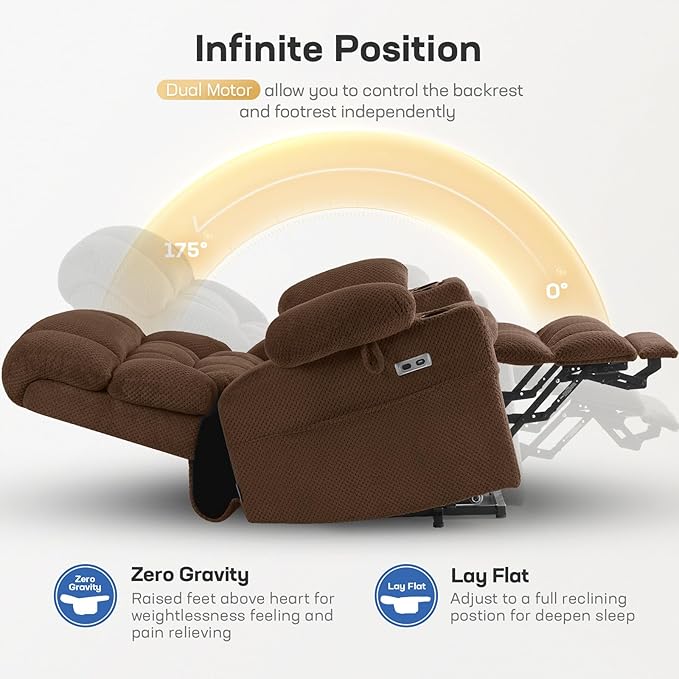 Tami Tami Dual Motor Power Lift Chair Recliner for Elderly with Massage and Heat, Infinite Position Electric Lift Recliner with Adjustable Headrest, USB (T6015 - Plush Fabric, Brown, Oversized)