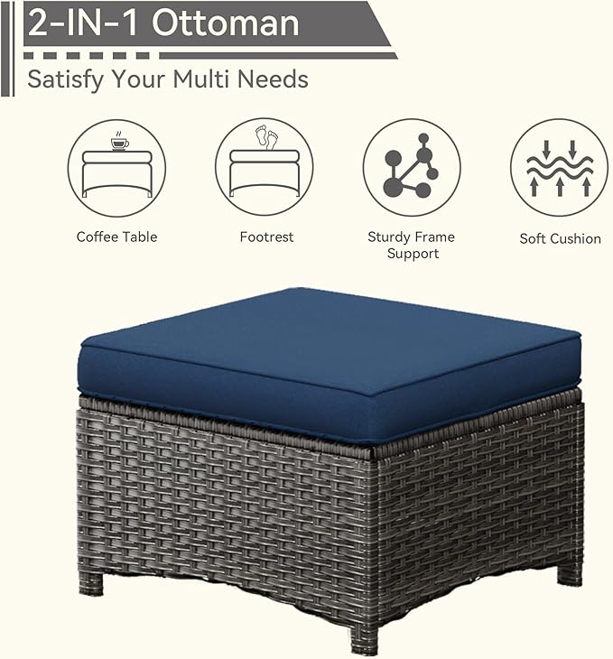 Patio Conversation Set 5-PCS Wicker Outdoor Furniture Conversation Set with 3-Seat Sofa, 2 Armchair, 2 Ottoman Patio Rattan Wicker Sectional Sofa Set with Olefin Cushion, Blue