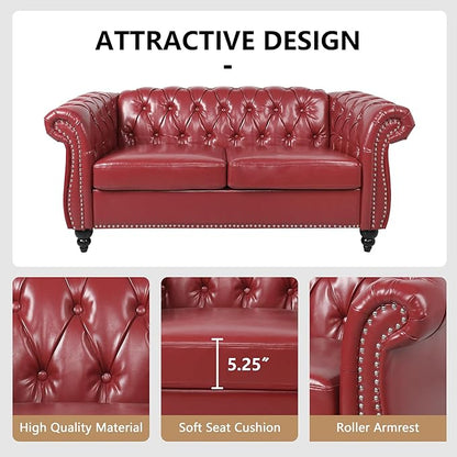 Chesterfield Loveseat Sofa, Modern Leather Small Sofa Couch 2 Seater with Rolled Arms and Nailhead, Mid Century Modern Loveseat Couch for Small Spaces Living Room Bedroom Apartment, Claret