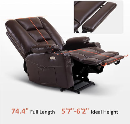 MCombo Oversized Power Lift Recliner Chair with Massage and Heat for Big and Tall Elderly People, Cup Holders, USB Ports, Side Pockets, Faux Leather R7541 (Dark Brown, Large-Oversize)