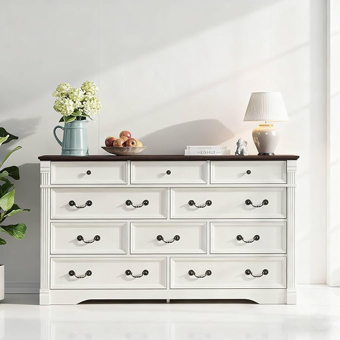 Yaamizz 60" Wide 10 Drawer Dresser Storage for Bedroom, Farmhouse Dresser with Wood Pilasters & Metal Handles, Drawer Organizer for Bedroom, Vintage Design, Hallway, White