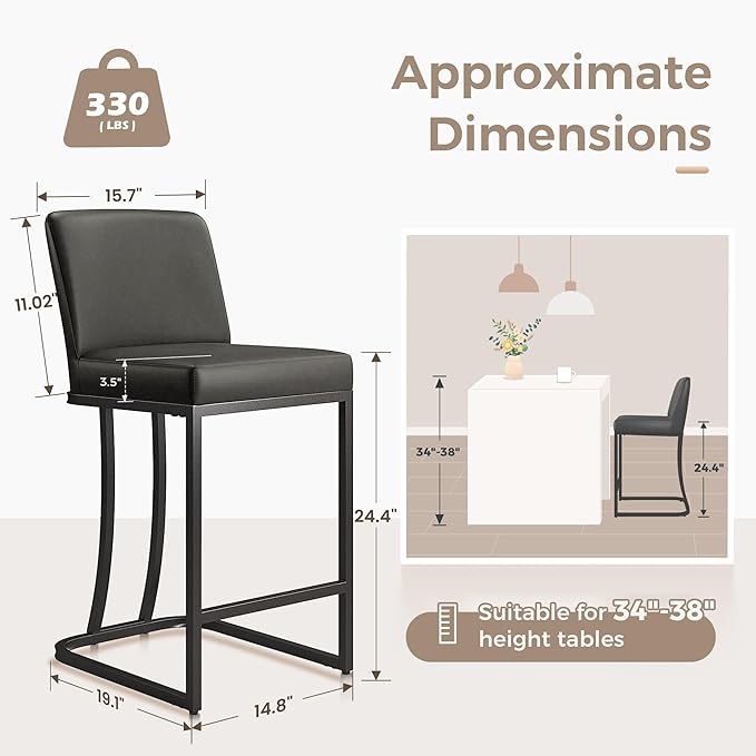MAISON ARTS Counter Height Bar Stools with Back Set of 3 for Kitchen Counter, 24 Inch Modern Upholstered Faux Leather Barstools Farmhouse Bar Chairs Luxury Island Stools Support 330LBS, Grey