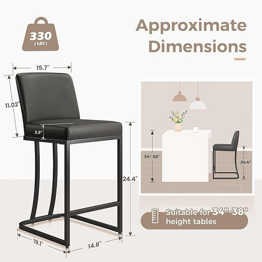 MAISON ARTS Counter Height Bar Stools with Back Set of 3 for Kitchen Counter, 24 Inch Modern Upholstered Faux Leather Barstools Farmhouse Bar Chairs Luxury Island Stools Support 330LBS, Grey