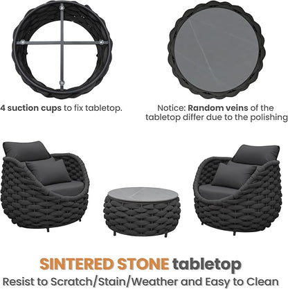 Deck Furniture Set: 3 Pieces Aluminum Woven Rope Patio Conversation Sofa Set for 2, Comfy Cushions Couch Armchair Table Set Assembled, 400lbs for Porch Balcony Pool Bistro Yard Hotel - Dark Gray