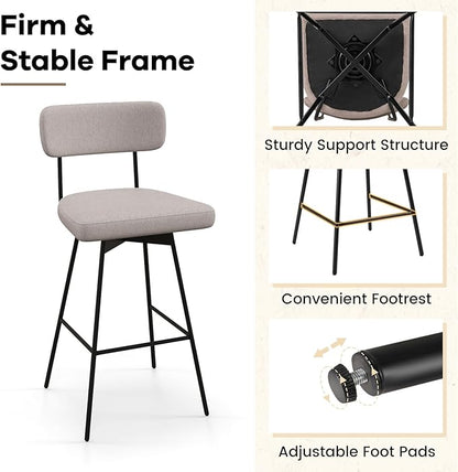 COSTWAY Bar Stools Set of 2, 29” Upholstered Bar Height Chairs with Back, 360° Swivel Bar Chairs with Heavy-Duty Metal Legs and Footrests, Fabric Seat for Kitchen Island, Dining Room, Bar (2, Beige)