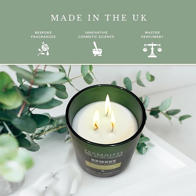 Pecksniff's Remedy Uplifting Candle - 3 Wick, 515g, 18.16 oz, Long-Lasting Relaxing Ambiance - with Earthy & Fresh Green Fragrance for Home Comfort