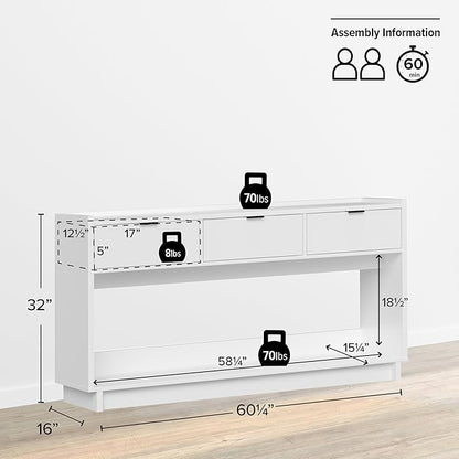 Prepac White Simply Modern Entryway Table, Narrow Console Table with 3 Drawers, Media Console with Storage, 15.75" D x 60.25" W x 32" H