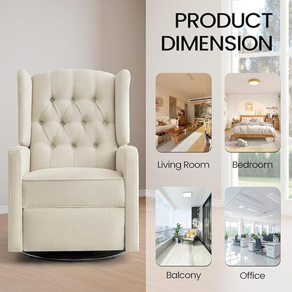 360 Swivel Rocker Recliner Chair for Adults, Nursery Chair for Small Spaces Living Room, Upholstered Fabric Glider Recliner, Lvory