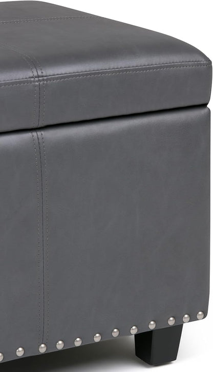 SIMPLIHOME Kingsley 48 inch Wide Transitional Rectangle Large Storage Ottoman in Stone Grey Vegan Faux Leather, Assembled, For the Living Room, Entryway and Family Room