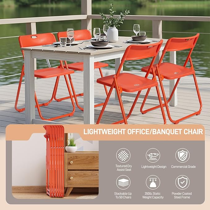 Karl home 4 Pcs Folding Chair, 300LBS Lightweight Foldable Plastic Chair, Reinforced Metal Frame Easy to Fold & Store for Indoor & Outdoor, Wedding, Party, Meeting Room, Patio and Garden, Orange