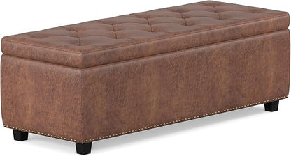 SIMPLIHOME Hamilton 48 inch Wide Transitional Rectangle Storage Ottoman in Distressed Umber Brown Vegan Faux Leather, Assembled, For the Living Room, Entryway and Family Room