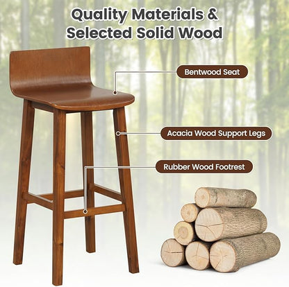 COSTWAY Solid Wood Bar Stools Set of 4, 29-inch Counter Height Chairs with Low Back and Footrest, Farmhouse Wooden Armless Barstools for Kitchen Island, Dining Room, Cafe, Breakfast, Brown