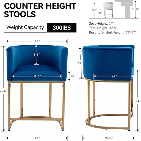 Contemporary Blue Velvet Bar Stools Set of 3, 24" Upholstered Fabric Counter Height Barstools Kitchen Counter Island Stools with Golden Metal Base