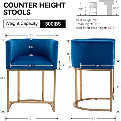Contemporary Blue Velvet Bar Stool, 24" Upholstered Fabric Counter Height Barstool Kitchen Counter Island Stool with Screwed Together Golden Metal Base