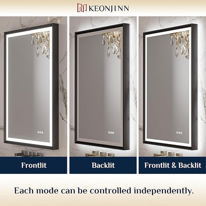 Keonjinn 30" x 36" LED Bathroom Mirror with Frontlit & Backlit, Black Metal Framed Mirror for Wall, Antifog, Stepless 3 Colors Temperature, UL-Listed LED Driver, Tempered Glass