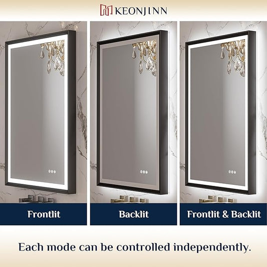 Keonjinn 48” x 30” LED Bathroom Mirror with Frontlit & Backlit, Large Metal Framed Lighted Mirror with Stepless Dimmable 3-Color Temperatures, Anti Fog, UL-Listed Driver, No Dark Corner