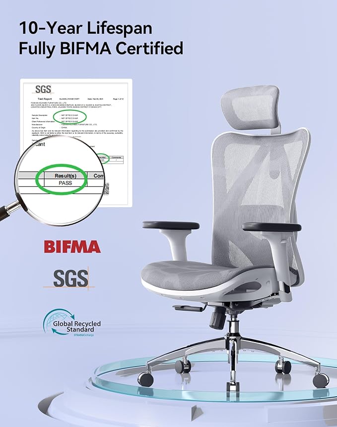SIHOO M57 Ergonomic Mesh Office Chair, High Back Home Desk Chair with 3D Armrests, Lumbar Support and Adjustable Headrest, Comfortable Computer Chair, Big & Tall Office Chair Hold 330 LBS-Light Grey